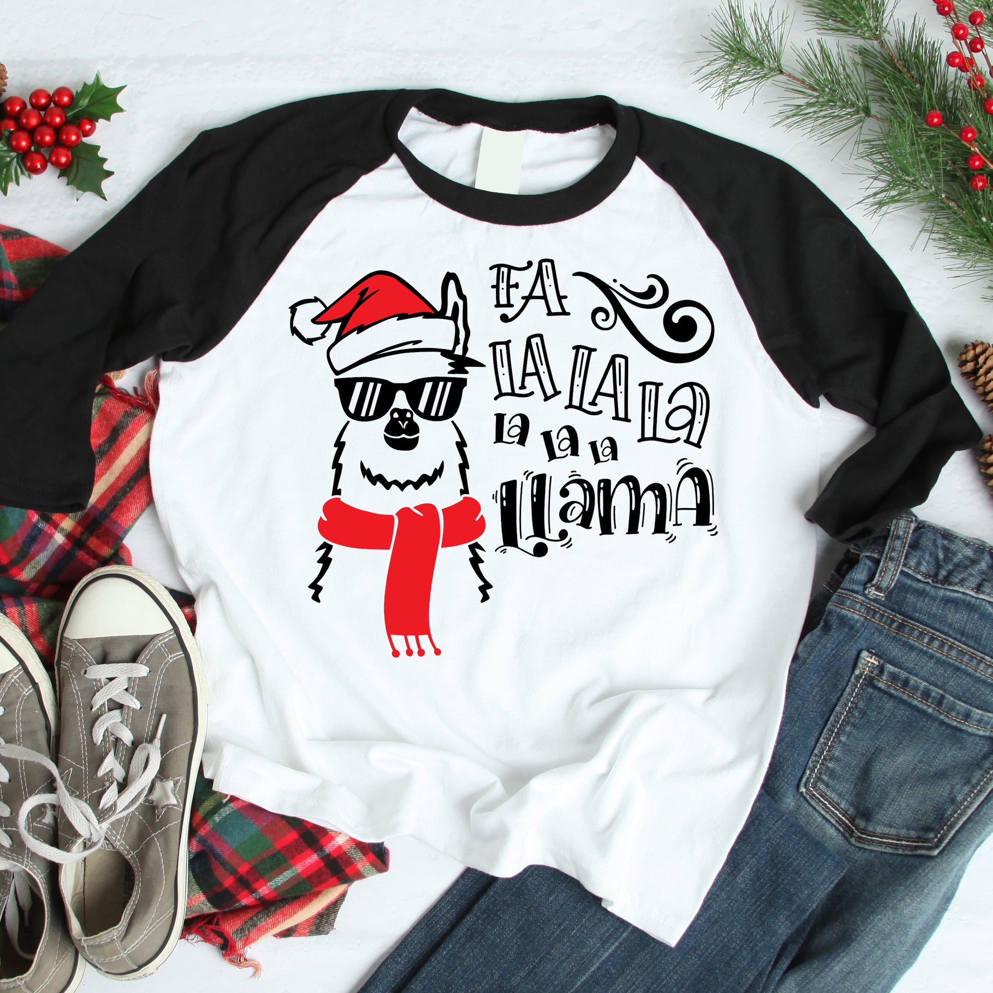 Fa La La La La La La La Llama 3/4 sleeve raglan shirt - Flop The World Pop